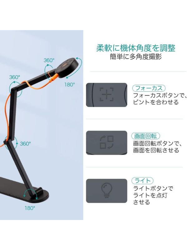 iOCHOW 書画カメラ(折りたたみ式・内蔵マイク&LEDライト付き)